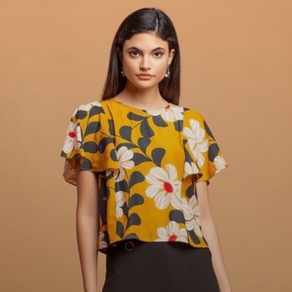 Eva Franco for Anthropologie blouse mustard yellow with big flowers size o - Picture 3 of 12